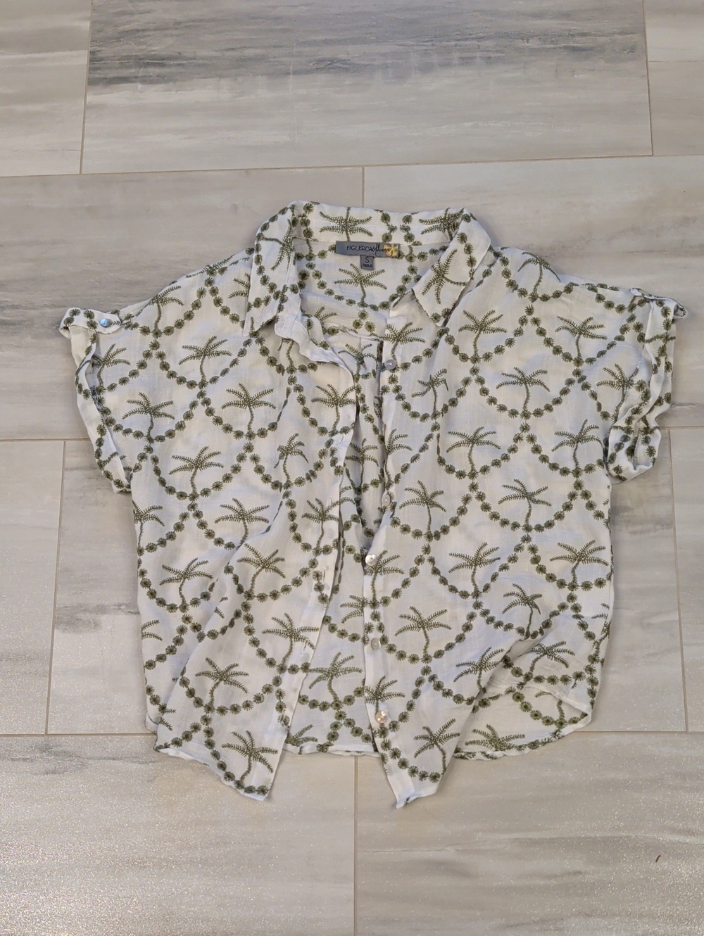 Embroidered Fig And Flower Button-Down Shirt - White with Olive Palm Motif